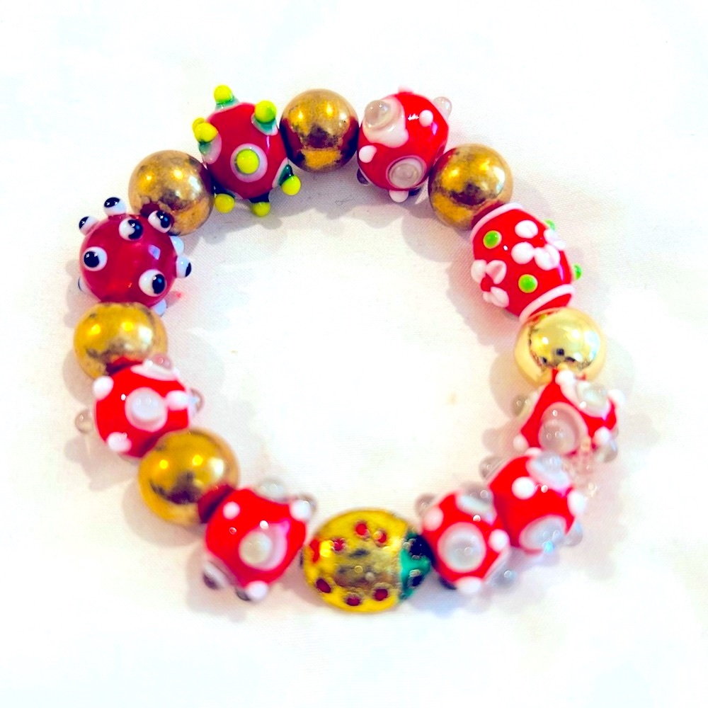 Colorful Glass Beaded Handmade Vintage Bracelet with a Metal Lady Bug Bead